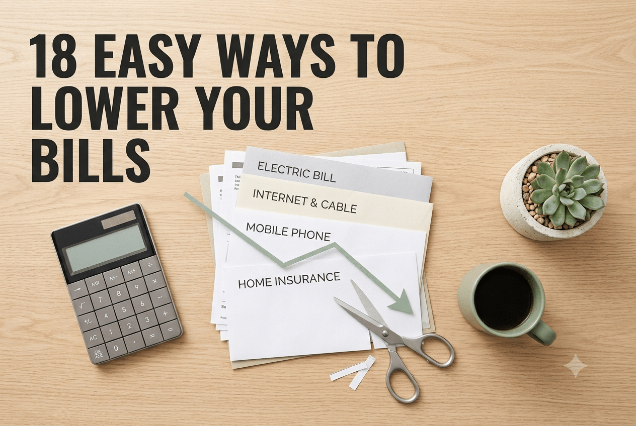 18 easy ways to lower your bills - household bills including electric, internet and cable, mobile phone and home insurance on a desk with scissors, a calculator and a downward cost arrow
